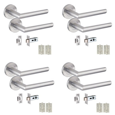 Golden Grace 4 Pairs Mitred Design Door Handles Satin Nickel Finish With Tubular Latch & Ball Bearing Hinges52mm from B&Q