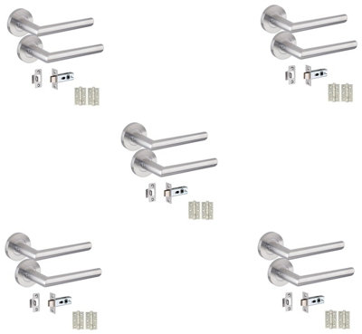 Golden Grace 5 Pairs Mitred Design Door Handles Satin Nickel Finish With Tubular Latch & Ball Bearing Hinges52mm from B&Q