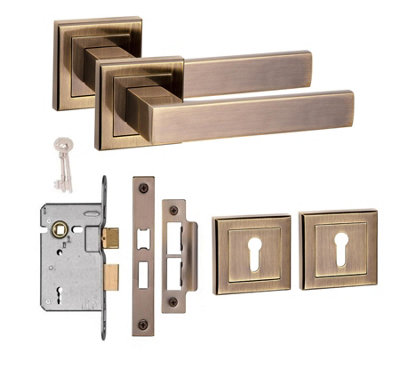 Golden Grace Delta Design Square Rose Lock Door Handle Set 3 Lever Lock Set Antique Brass Finish from B&Q
