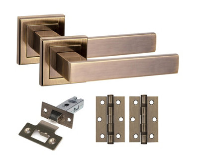 Golden Grace 1 Set Delta Design Square Rose Door Handles With Latch And Hinges Antique Brass Finish from B&Q