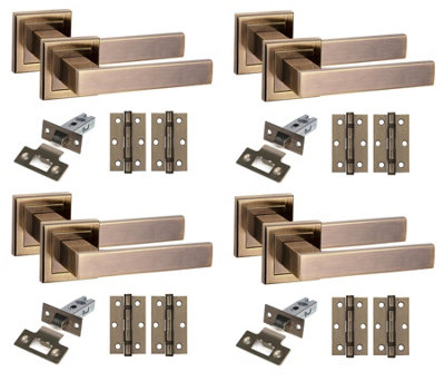 Golden Grace 4 Set Delta Design Square Rose Door Handles With Latch And Hinges Antique Brass Finish from B&Q
