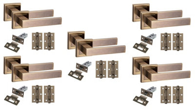 Golden Grace 5 Set Delta Design Square Rose Door Handles With Latch And Hinges Antique Brass Finish from B&Q