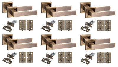 Golden Grace 6 Set Delta Design Square Rose Door Handles With Latch And Hinges Antique Brass Finish from B&Q