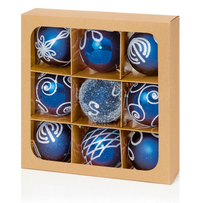 Premier Decorations Limited 9 Decorated Deep Blue Christmas Tree Baubles Decoration Ornaments Glitter 6Cm from B&Q
