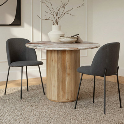  - Ajmer Round Real Marble Stone Dining Table 100Cm With Pedestal Wooden Base