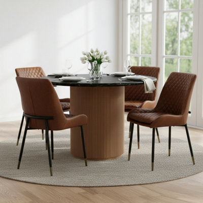  - Luxor Round Black Marble Top With Wood Pedestal Dining Table