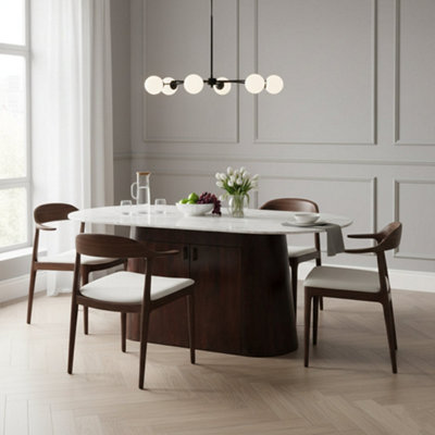  - Oval White Marble Large Dining Table And Wooden Base With Storage 6 To 8 Seater 170Cm