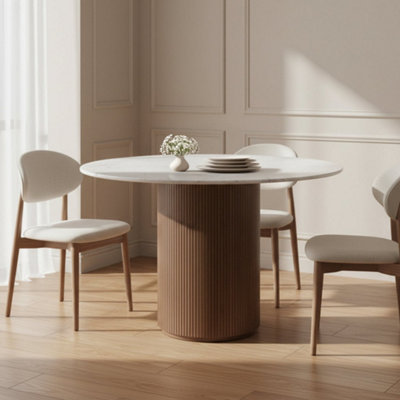  - Luxor Natural Marble And Wood Pedestal Dining Table 6 Seater 120Cm