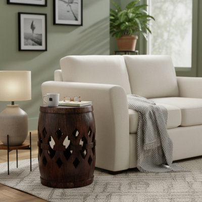  - Carved Solid Mango Dark Wood Round Side Table