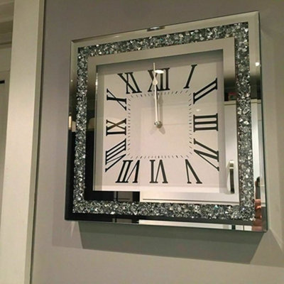 Deenz Elegant 35Cm Crushed Mirror Jewel Wall Clock Roman Numbers Diamante Mirror Glass Clock from B&Q