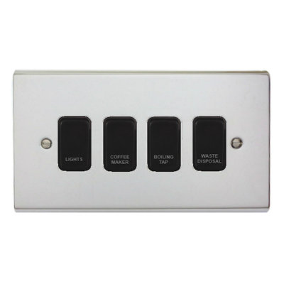 Deta Polished Chrome Customised Kitchen Grid Switch Panel With Black Switches4 Gang from B&Q