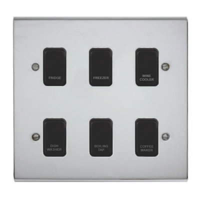 Deta Polished Chrome Customised Kitchen Grid Switch Panel With Black Switches6 Gang from B&Q