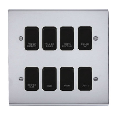 Deta Polished Chrome Customised Kitchen Grid Switch Panel With Black Switches8 Gang from B&Q