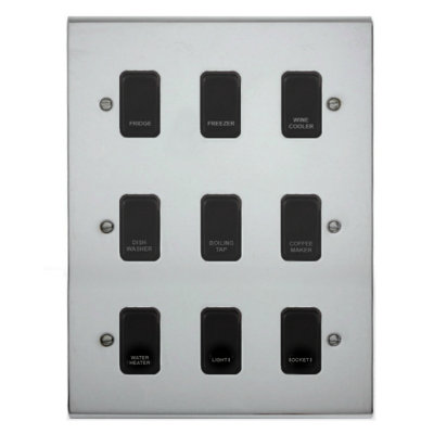 Deta Polished Chrome Customised Kitchen Grid Switch Panel With Black Switches9 Gang from B&Q
