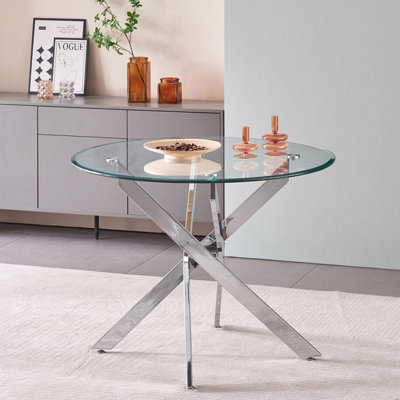 Amara 100Cm Round Glass Dining Table With Chrome Silver Legs from B&Q