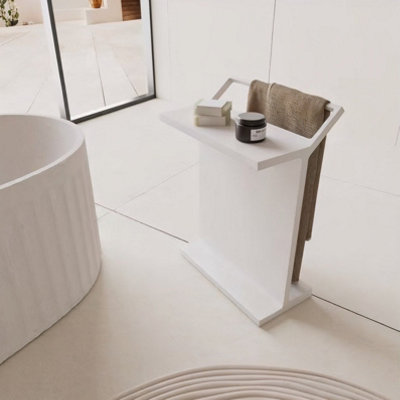  - Matt White Stone Freestanding Bath Shelf With Towel Rail