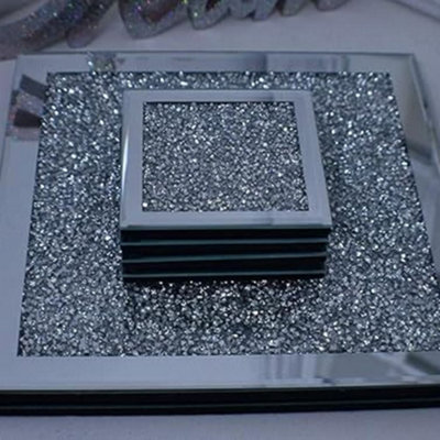 Biznest Set Of 4 Coasters & 2 Placemats Diamante Crushed Jewel Glass Glitter Coasters & Placemats Set from B&Q