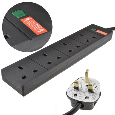Kenable Surge Protected 4 Gang Way Mains Extension Socket Uk 13A Black 1M from B&Q