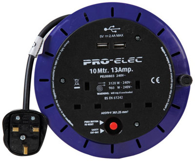 Pro elec 13A 2 Gang Cassette Reel Mains Extension With 2X Usb Charging Ports10M