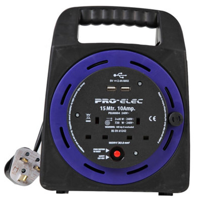 Pro elec 10A 2 Gang Handbag Reel Mains Extension Lead With 2X Usb Charging Ports15M
