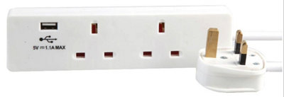 Pro Elec Pel01266 2 Gang Extension Lead With UsbWhite2M from B&Q