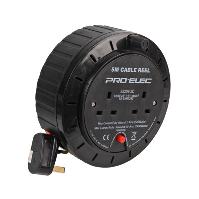 Pro elec 2 Gang Cable Reel Mains Extension Lead 10A With Safety Cut Off5M