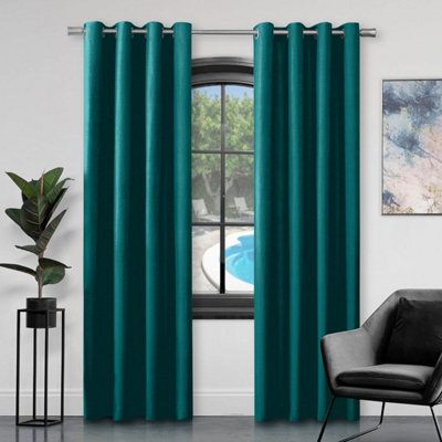 Gc Gaveno Cavailia Silk Sheen Eyelet Curtain 66X54 Teal 100% Polyester Ring Top Fully Lined Drapes from B&Q