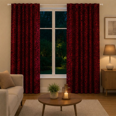 B&Q Smart Living Luxury Elegant Polycotton Lepord Print Curtains- Red - 66"x72"