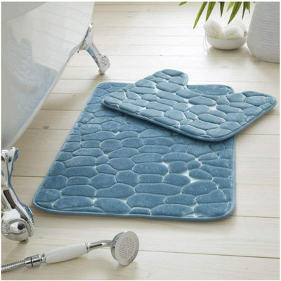 B&Q - Gc  Pearl Memory 2 Piece Non Slip Bath Mat Aqua Quick Dry Water Absorbent Bathroom Shower Mat & Padestal Set