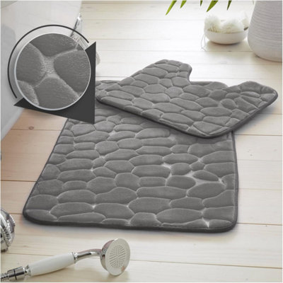 B&Q - Gc  Pearl Memory 2 Piece Non Slip Bath Mat Grey Quick Dry Water Absorbent Bathroom Shower Mat & Padestal Set
