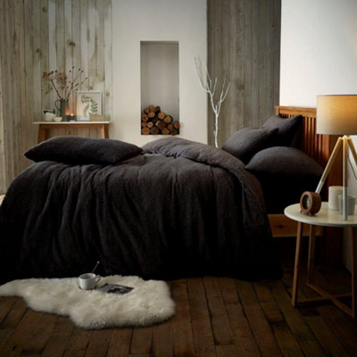B&Q Smart Living Teddy Bear Fluffy Bedding Set, Thermal Warm & Cosy Super Soft Fleece Duvet Cover Set With Pillowcases - Black