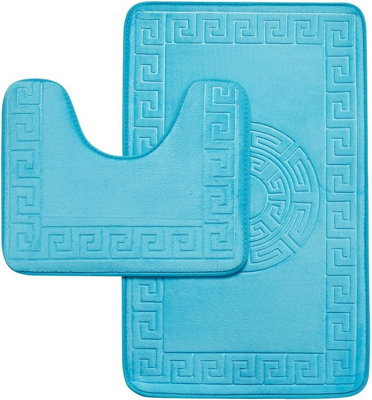 B&Q - Gc  Greek 2 Piece Bath Mat Aqua Quick Dry Super Water Aborbent Non Slip Toilet Padestal Mat Set