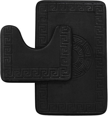 B&Q - Gc  Greek 2 Piece Bath Mat Black Quick Dry Super Water Aborbent Non Slip Toilet Padestal Mat Set