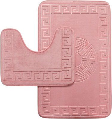 B&Q - Gc  Greek 2 Piece Bath Mat Blush Pink Quick Dry Super Water Aborbent Non Slip Toilet Padestal Mat Set