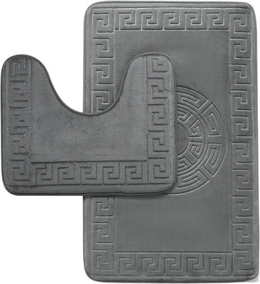 B&Q - Gc  Greek 2 Piece Bath Mat Charcoal Quick Dry Super Water Aborbent Non Slip Toilet Padestal Mat Set