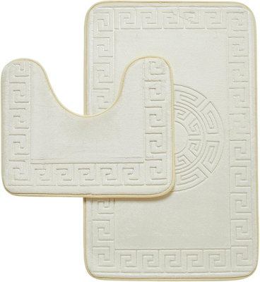 B&Q - Gc  Greek 2 Piece Bath Mat Cream Quick Dry Super Water Aborbent Non Slip Toilet Padestal Mat Set