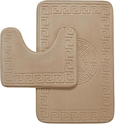 B&Q - Gc  Greek 2 Piece Bath Mat Natural Quick Dry Super Water Aborbent Non Slip Toilet Padestal Mat Set
