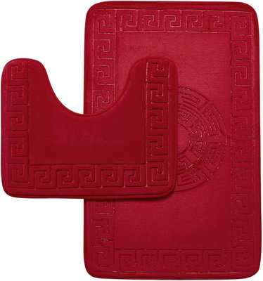 B&Q - Gc  Greek 2 Piece Bath Mat Red Quick Dry Super Water Aborbent Non Slip Toilet Padestal Mat Set