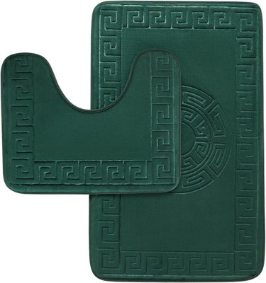 B&Q - Gc  Greek 2 Piece Bath Mat Green Quick Dry Super Water Aborbent Non Slip Toilet Padestal Mat Set