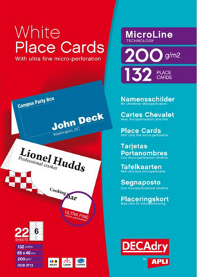 B&Q -  Decadry Place Cards For Folding 200Gsm 6 Per A4 Sheet 85X46mm When FoldedRef Ocb3713-3 (Pack Of 1(132 Cards)