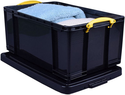 Really Useful Box Company Really Useful Box Plastic Storage 64 Litre Solid Black With Yellow Handles from B&Q
