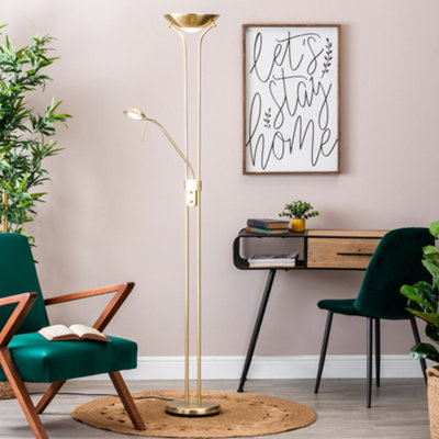 Litecraft Mother & Child Satin Brass Dimmable Floor Lamp 2 Arm With Bulbs