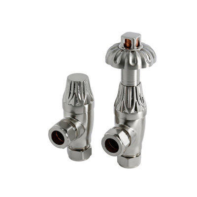 Homestylestore Satin Nickel Antique Style Angled Heated Towel Rail Radiator Thermostatic Valves from B&Q