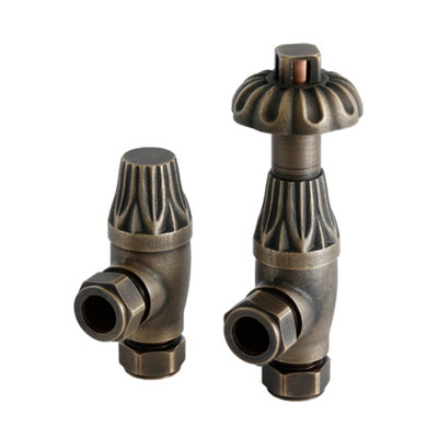 Homestylestore Brass Antique Style Angled Heated Towel Rail Radiator Thermostatic Valves from B&Q