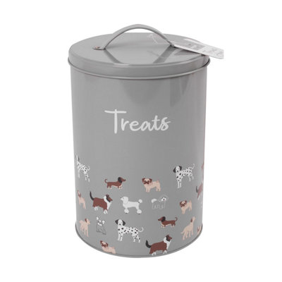 Yes-Online Dog Treat Tin Grey Illustrated Puppy Food Storage Container With Lid Tub Jar from B&Q