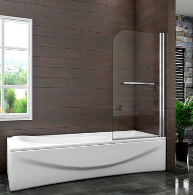 AVER-GROWTH 800X1500mm Height Bath Shower Screen Bathroom Curved Pivot Chrome Reversible Frameless Easyclean Glass Panel With Towel Rail from B&Q