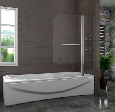 AVER-GROWTH 1000X1500mm Height Bath Shower Screen Curved Pivot Chrome Reversible Frameless Easyclean Glass Panel With Towel Rail And Shelves from B&Q