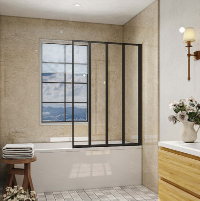 Matt Black 900X1400 4 Fold Folding Shower Bath Screen 180 Pivot 4mm Glass Panel from B&Q