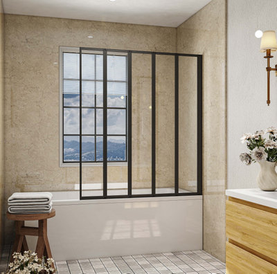 Matt Black 1200X1400 5 Fold Folding Shower Bath Screen 180 Pivot 4mm Glass Panel from B&Q