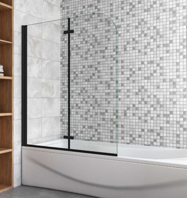 AVER-GROWTH 900X1400mm Matt Black Pivot Hinge 2 Fold Shower Screen Over Bath 6mm Nano Glass Door Panel from B&Q